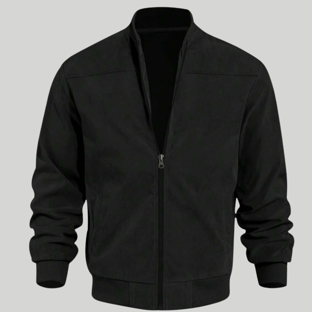 Suede Bomber Jacket With Full Zip Stand Collar For Men