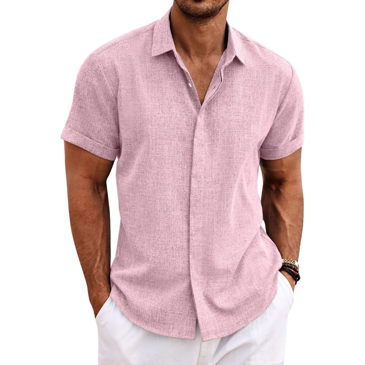 Casual Short Sleeve Linen Button Up Beach Shirt