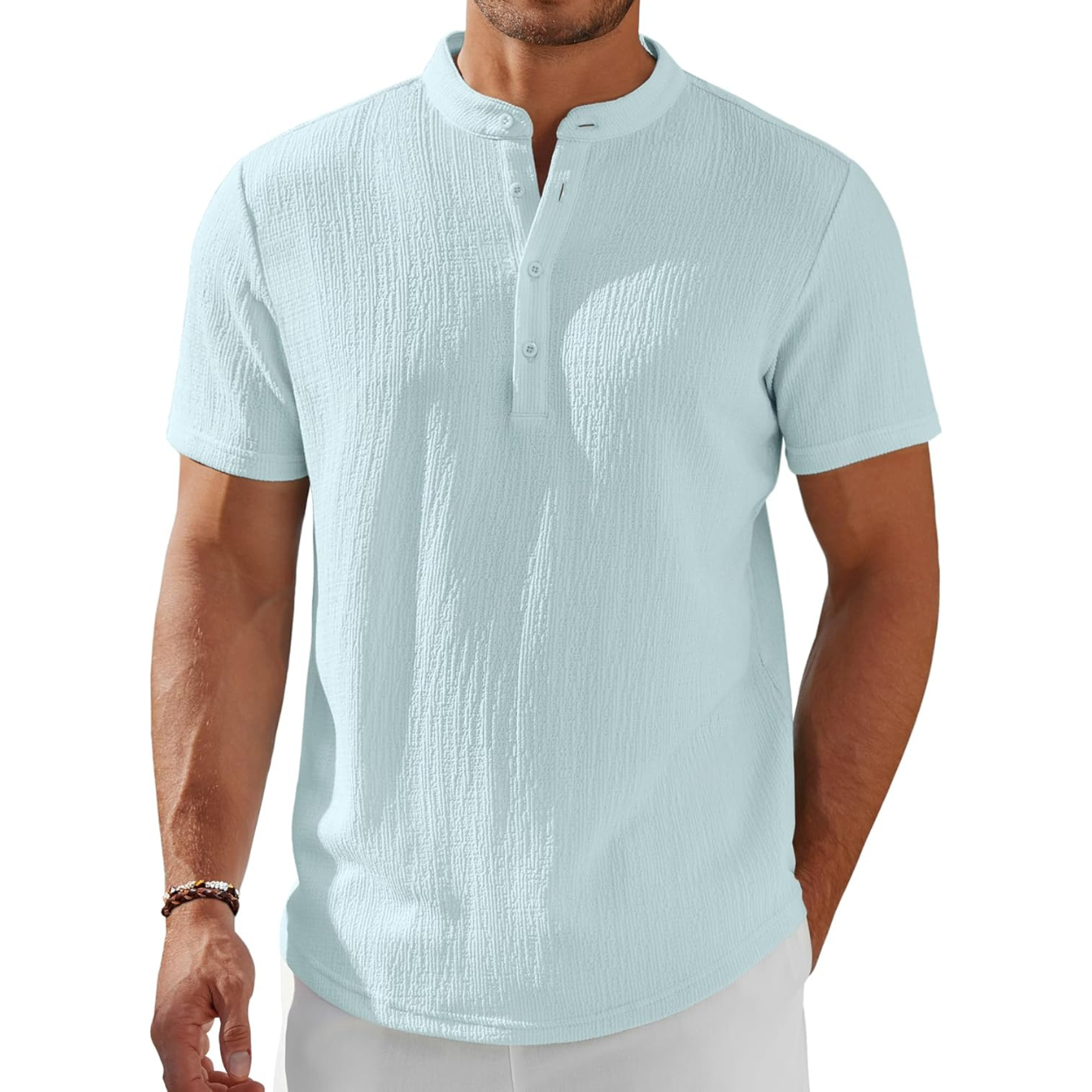 Short Sleeve Stand Collar Casual Beach Shirt For Men