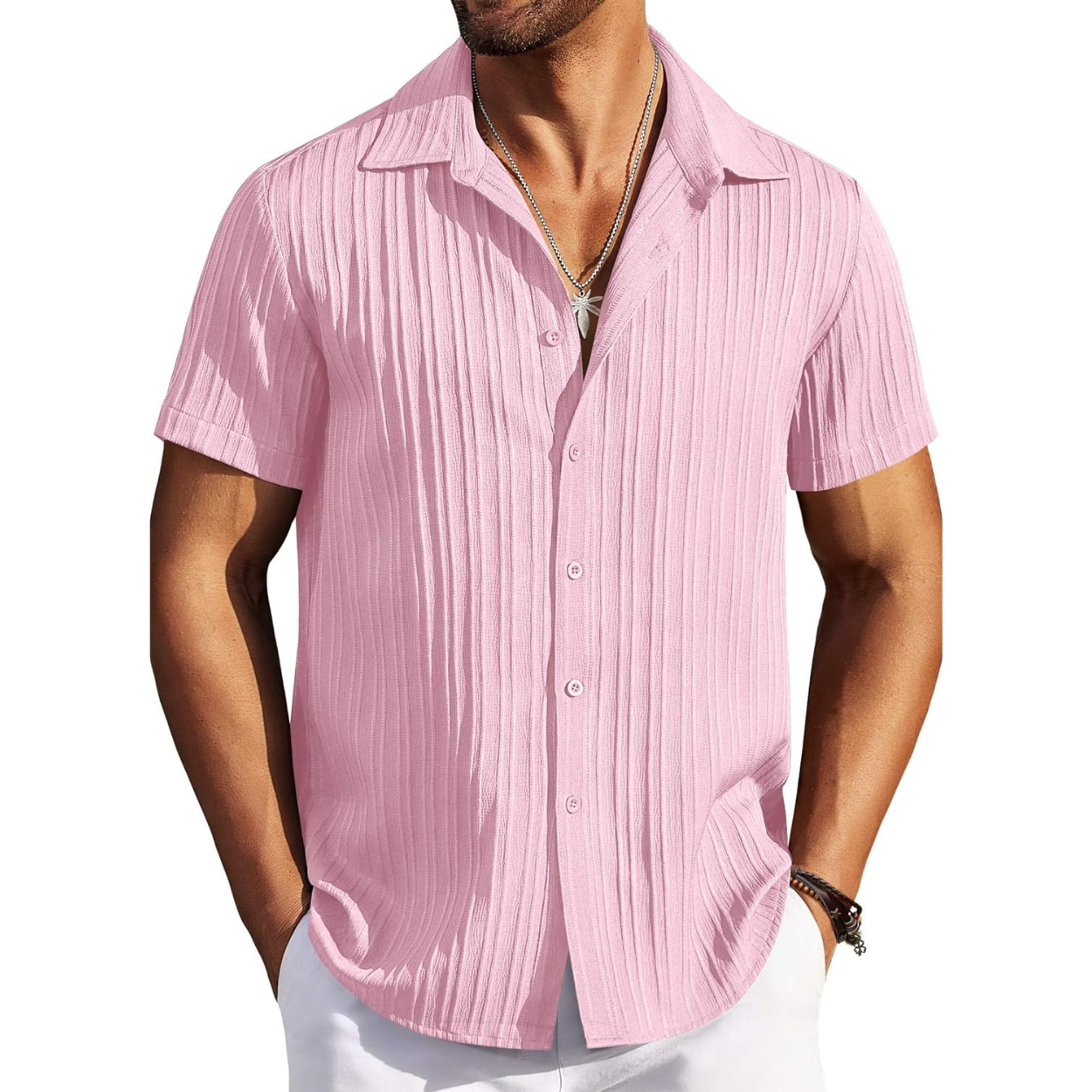Casual Short Sleeve Textured Button Down Summer Beach Shirt For Men 