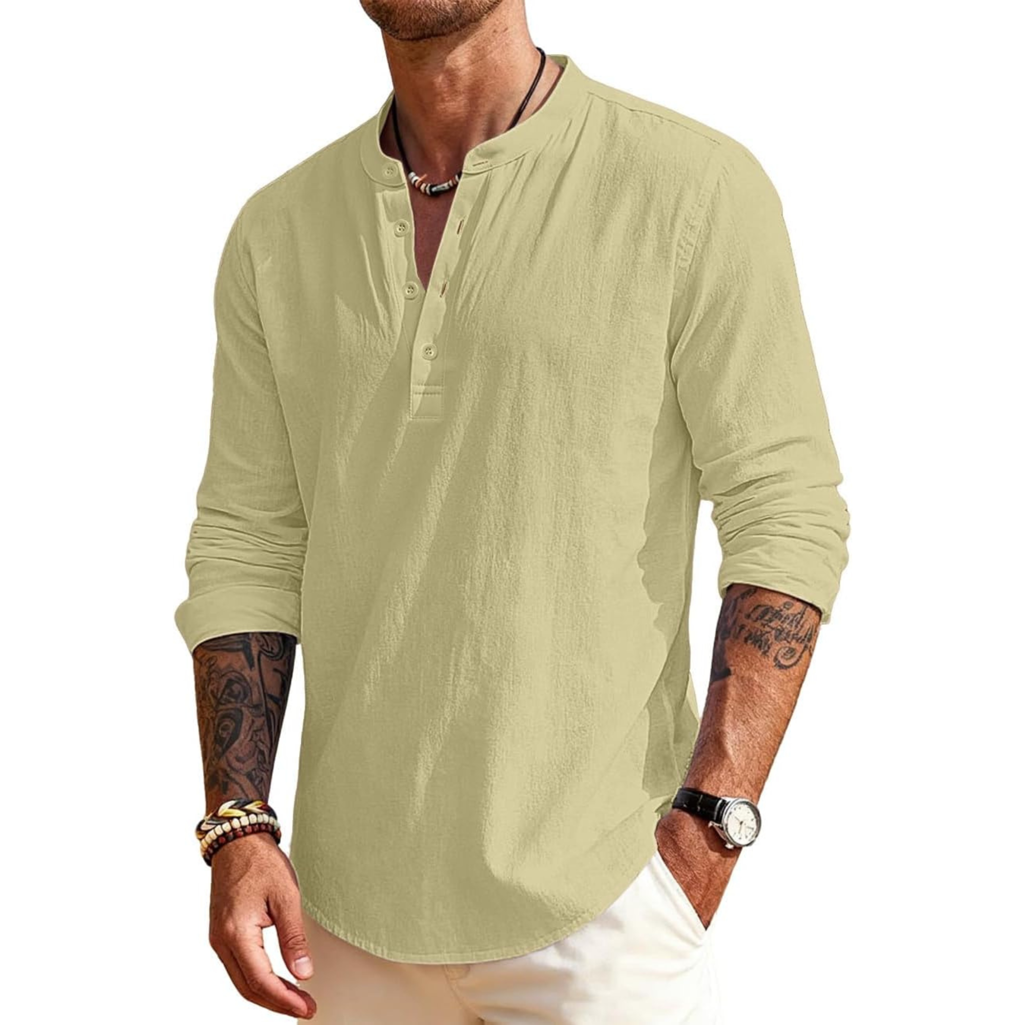 Linen Henley Long Sleeve Casual Beach Shirts