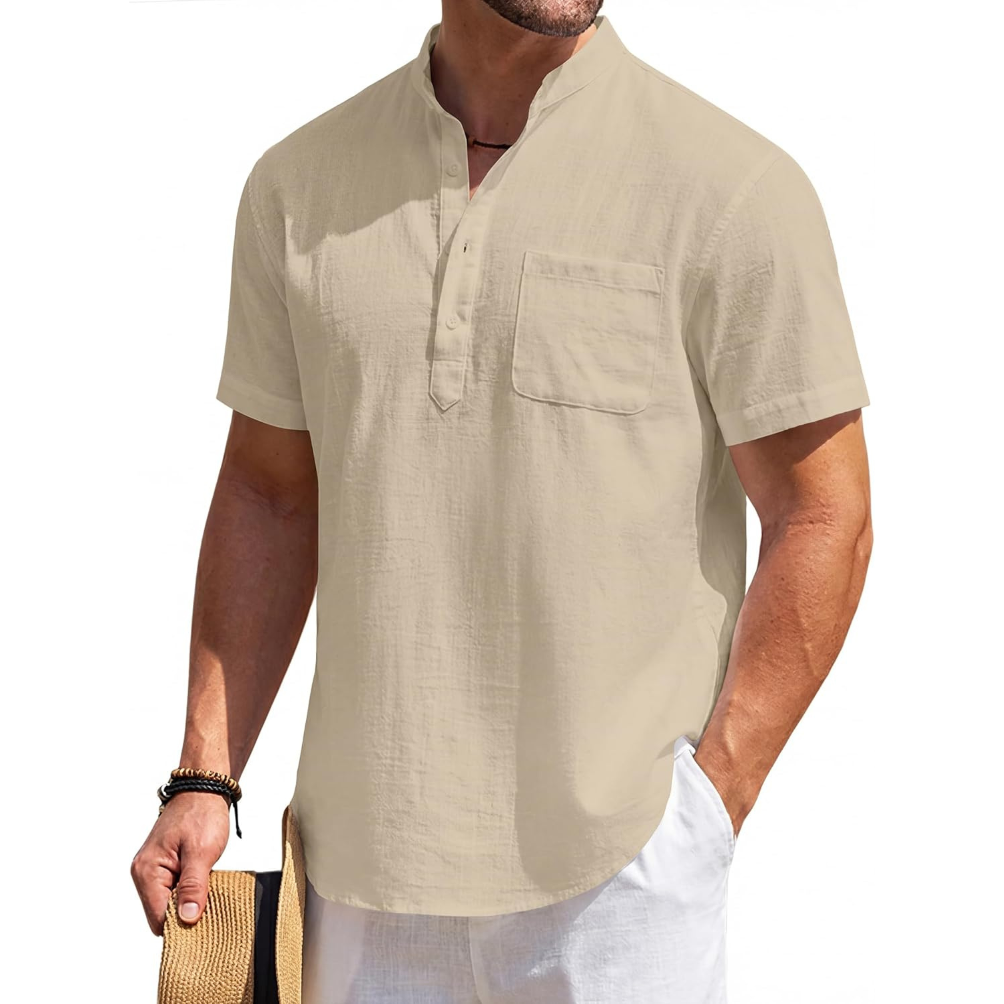 Casual Linen Henley Beach Shirt With Pocket