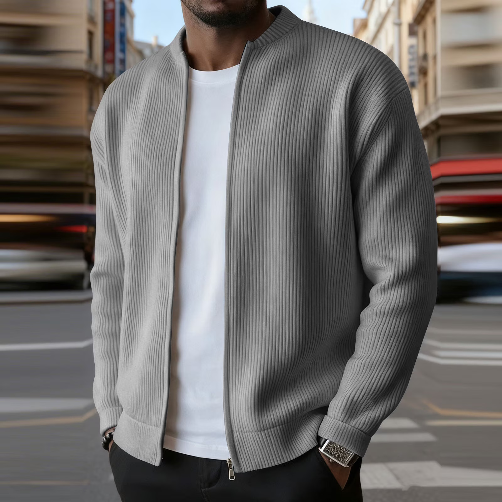 Casual Ribbed Zip Cotton Bomber Jacket for Men