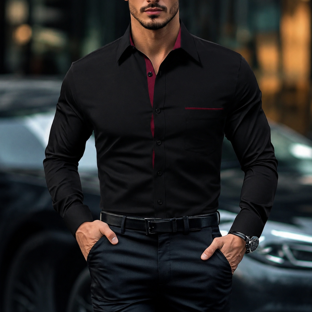 Long Sleeve Casual Formal Shirt With Contrast Design For Men