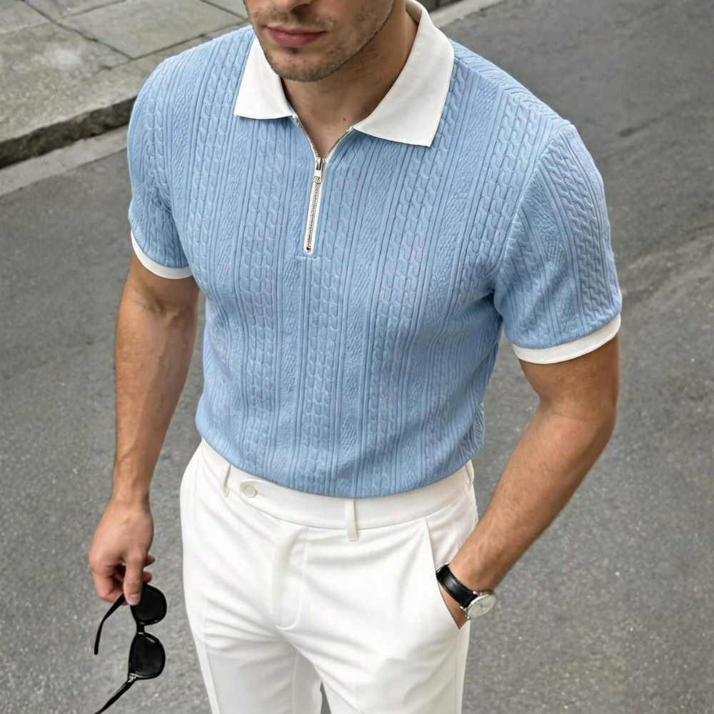 Summer Jacquard Half Zip Contrast Collar Polo Shirt