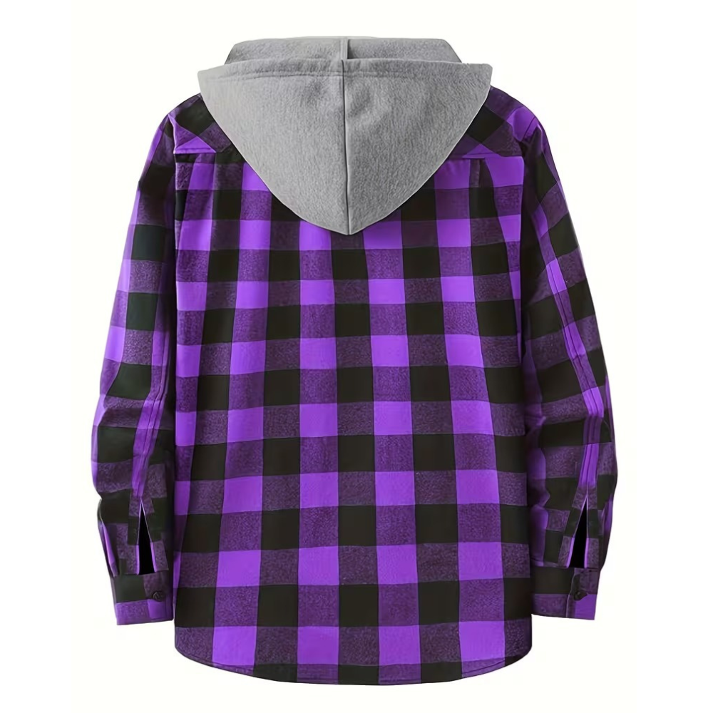Plaid Hooded Jacket With Button Front And Long Sleeves
