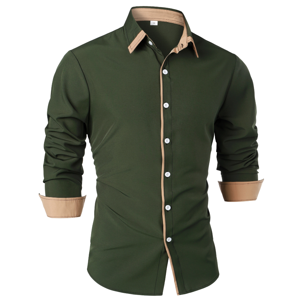 Casual Long Sleeve Shirt With Contrast Color Statement Trim For Men