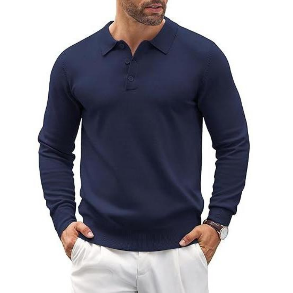 Long Sleeve Front Buttoned Knit Polo Shirt For Men