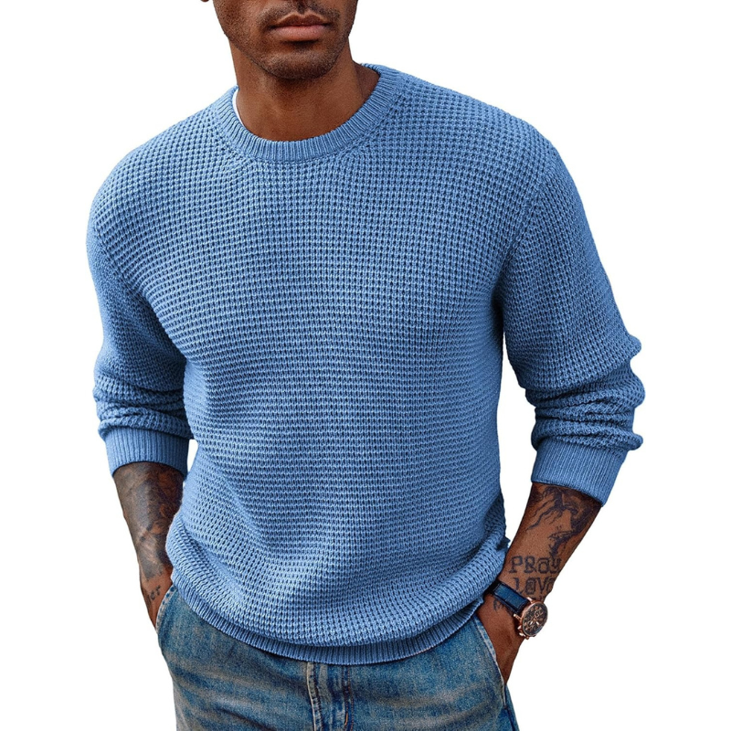 Mens Pullover Sweater Waffle Textured Long Sleeve Knitted Sweaters