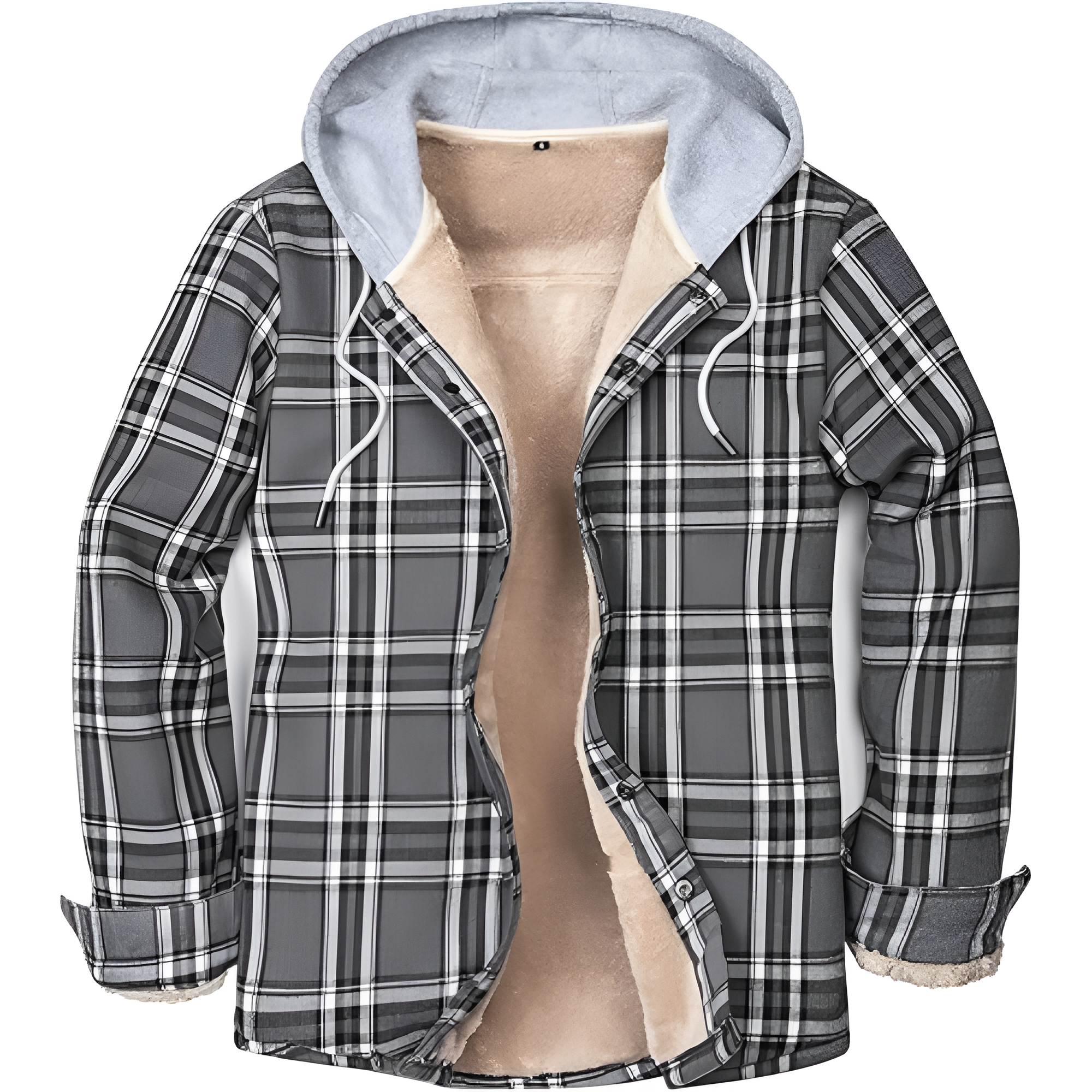 Men's Cotton Plaid Long Sleeve Shirts Jacket Fleece Lined Flannel Shirts Sherpa Button Down Coat with Hood