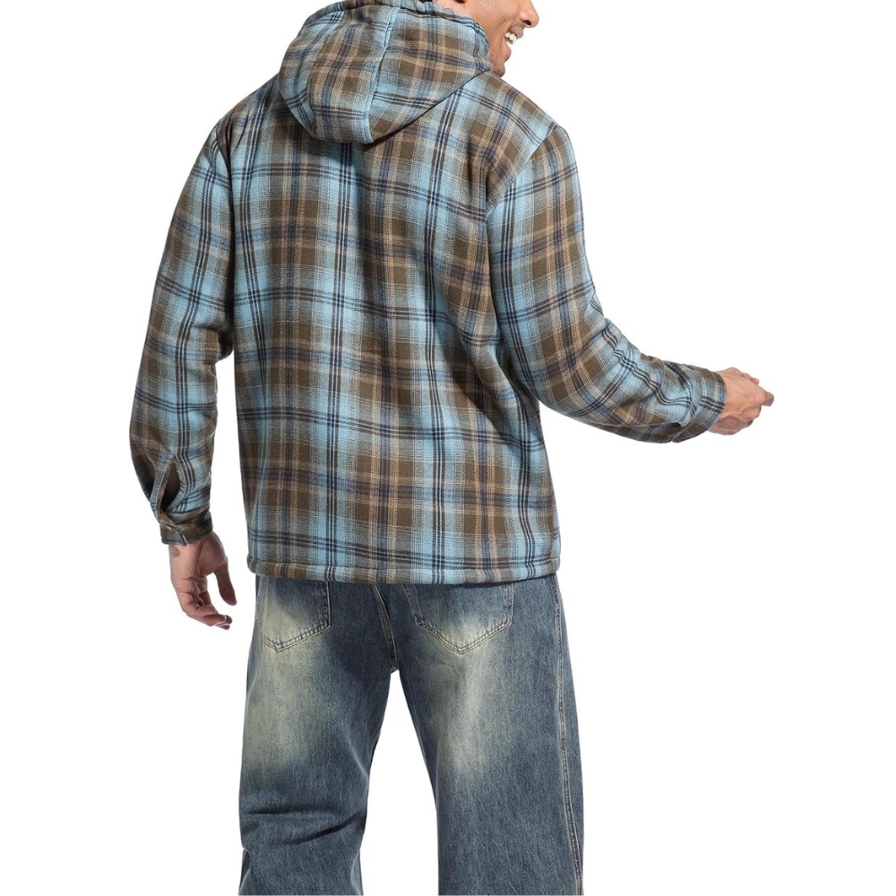Men's Flannel Plaid Hooded Jackets Sherpa Fleece Lined Hoodies Fashion Warm Coat
