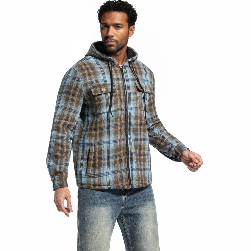 Men's Flannel Plaid Hooded Jackets Sherpa Fleece Lined Hoodies Fashion Warm Coat