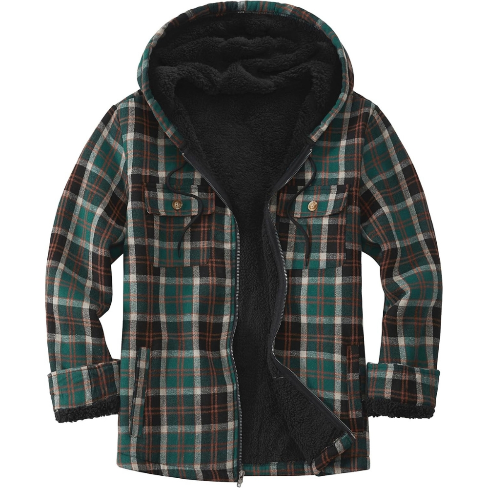 Men's Flannel Plaid Hooded Jackets Sherpa Fleece Lined Hoodies Fashion Warm Coat