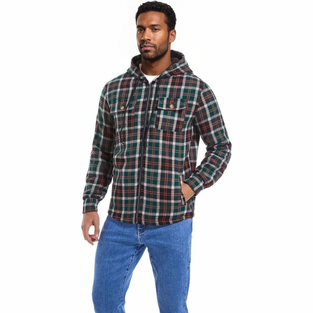 Men's Flannel Plaid Hooded Jackets Sherpa Fleece Lined Hoodies Fashion Warm Coat
