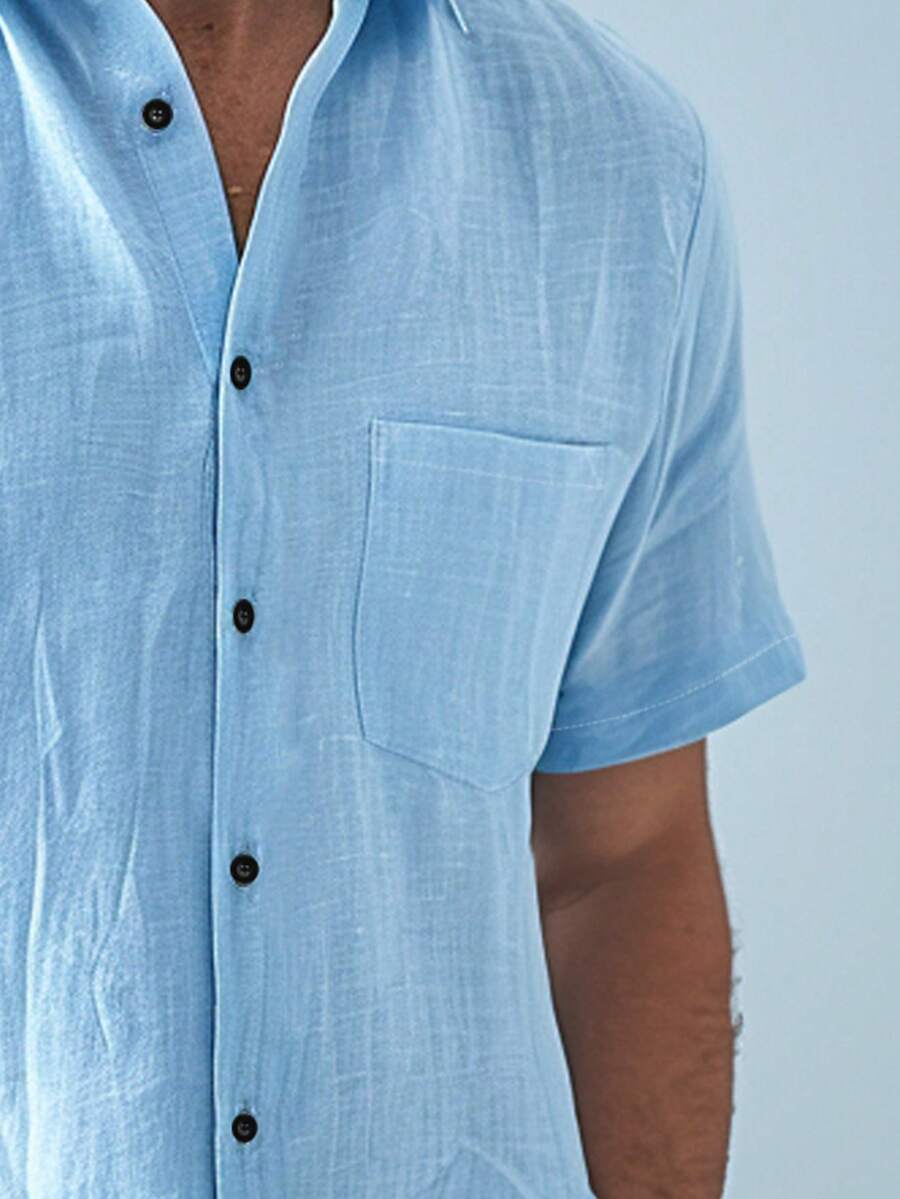 Men's Solid Color Casual Shirt, Short Sleeve Shirt Jacket, Light Blue Fashion Hawaiian Beach Shirt - Baby Blue - View 5