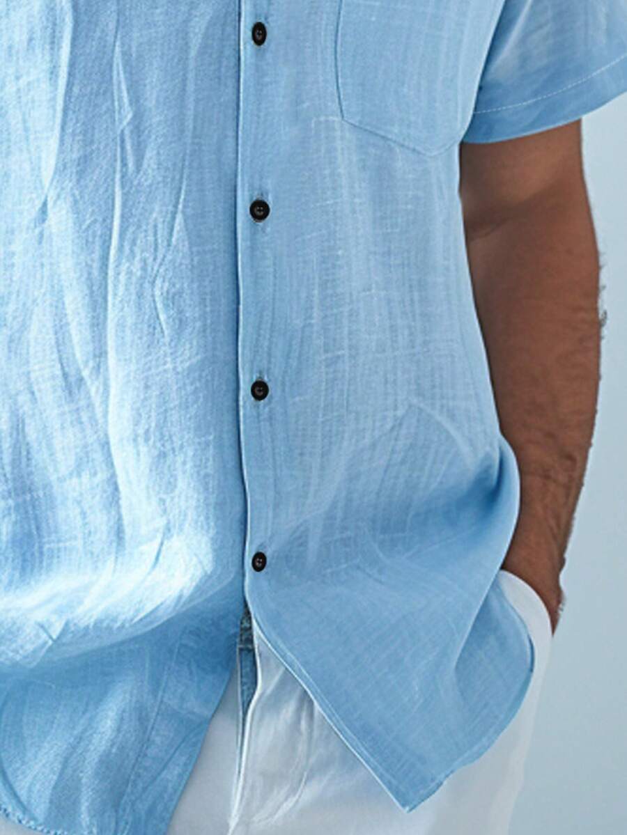 Men's Solid Color Casual Shirt, Short Sleeve Shirt Jacket, Light Blue Fashion Hawaiian Beach Shirt - Baby Blue - View 6