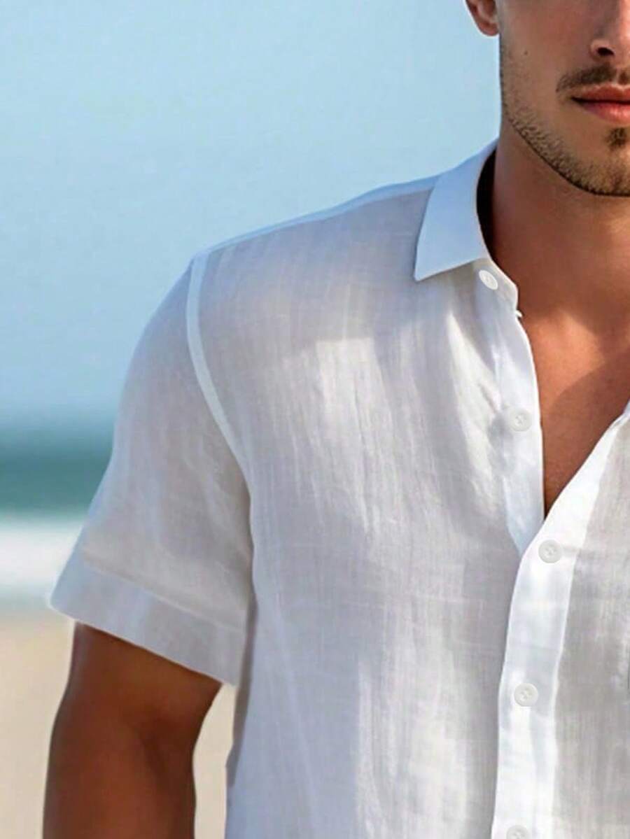Men's Solid Color Casual Shirt, Short Sleeve Shacket, White Fashion Shirt, Hawaiian Resort Beach Shirt - White - View 3
