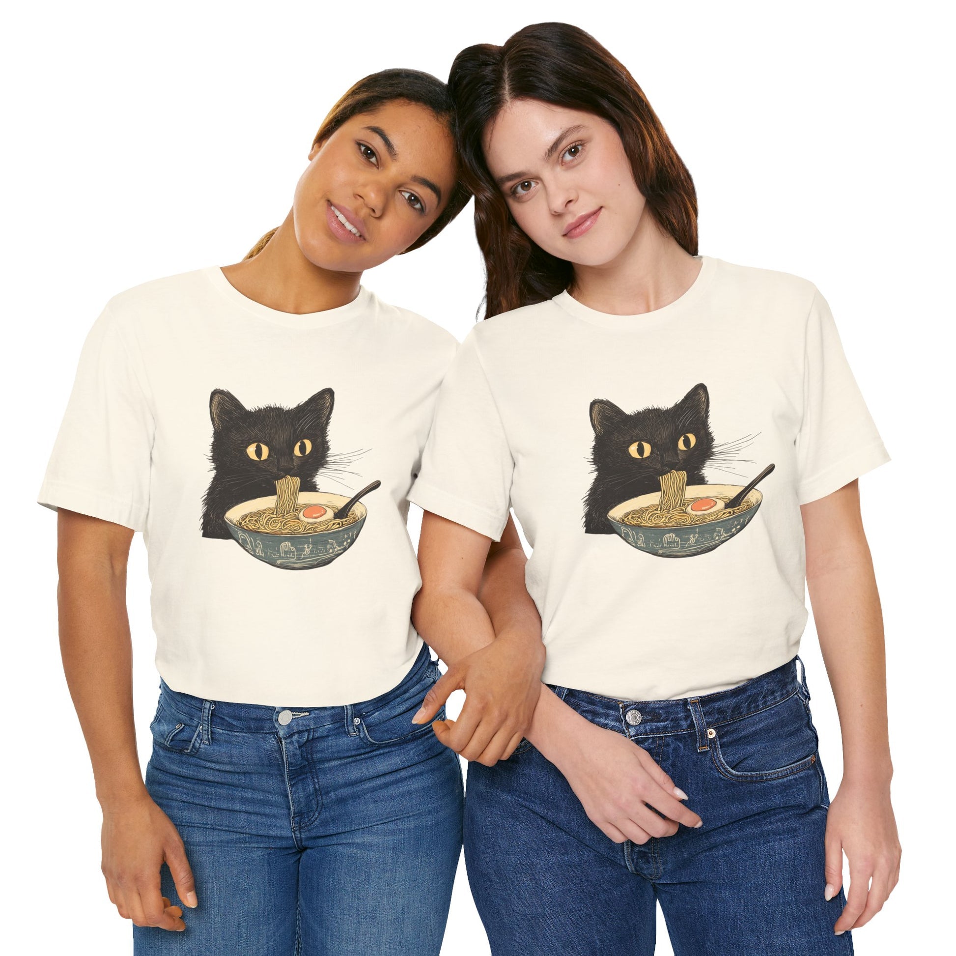 Cat Eating Bowl Of Ramen Noodles Printed T Shirt