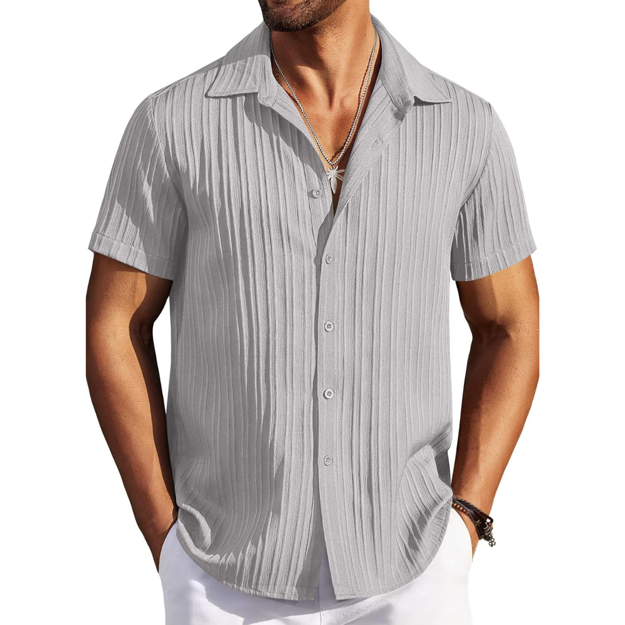 Casual Short Sleeve Textured Button Down Summer Beach Shirt For Men 