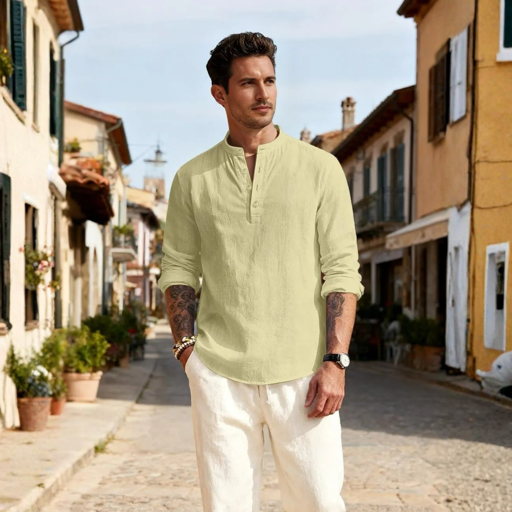 Linen Henley Long Sleeve Casual Beach Shirts