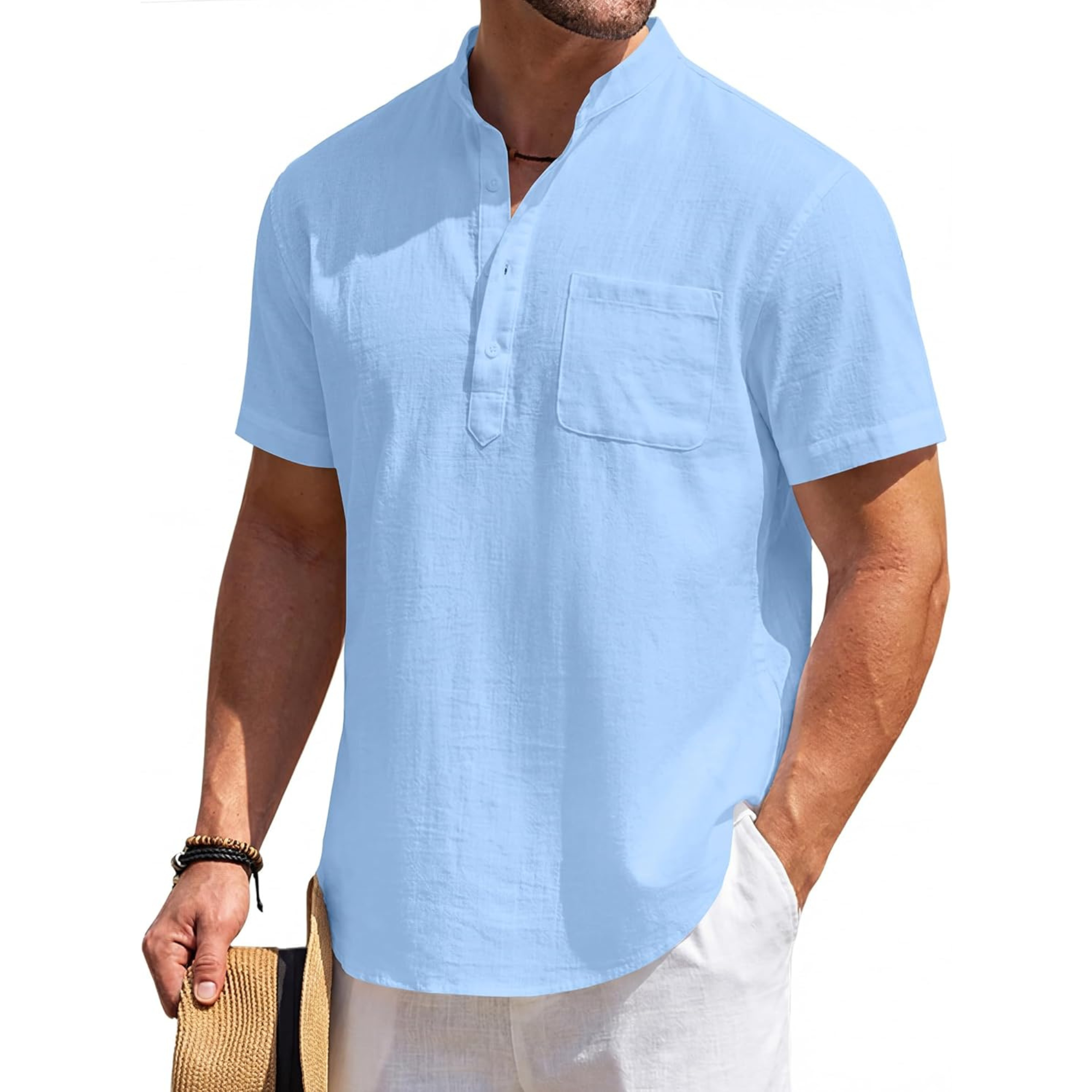 Casual Linen Henley Beach Shirt With Pocket