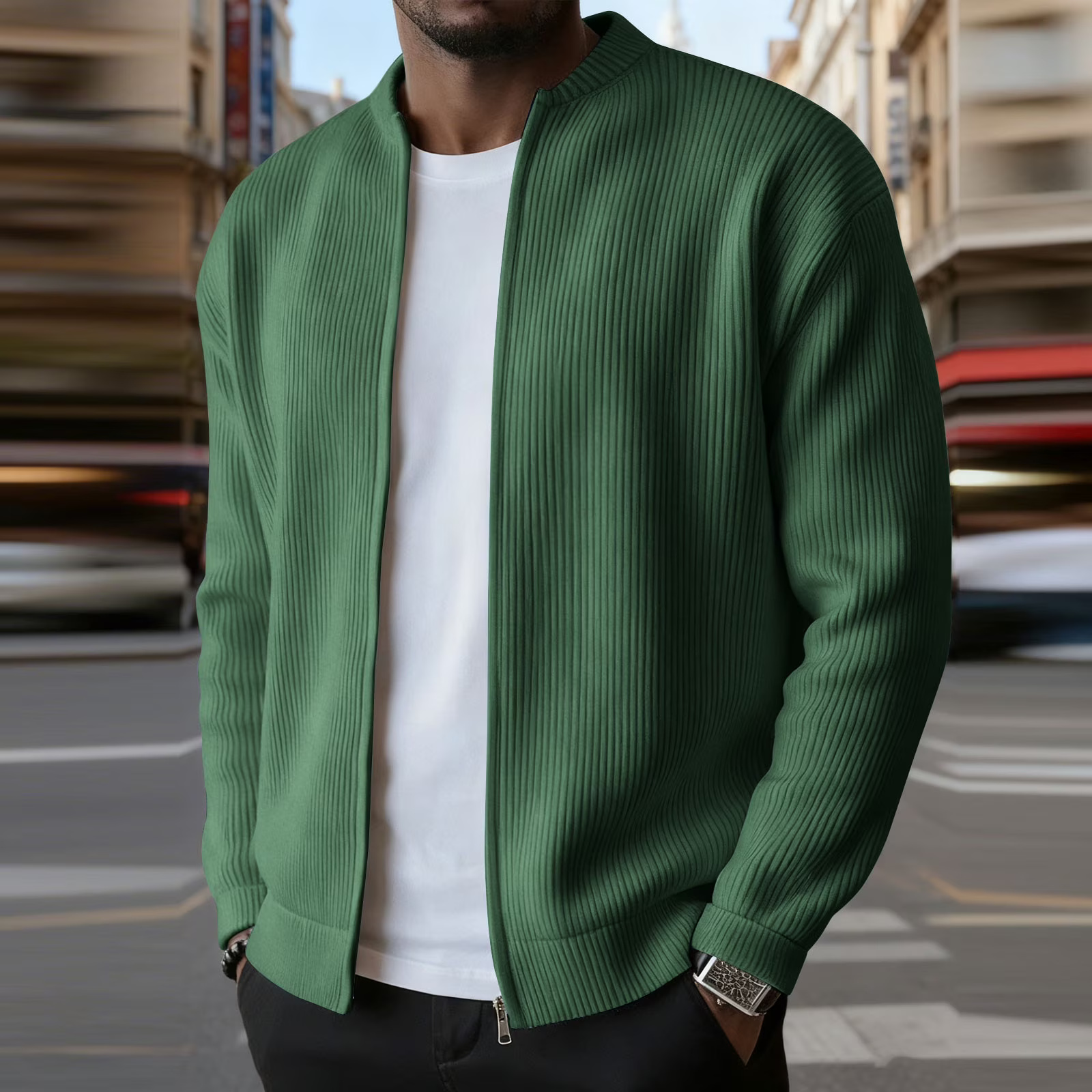 Casual Ribbed Zip Cotton Bomber Jacket for Men