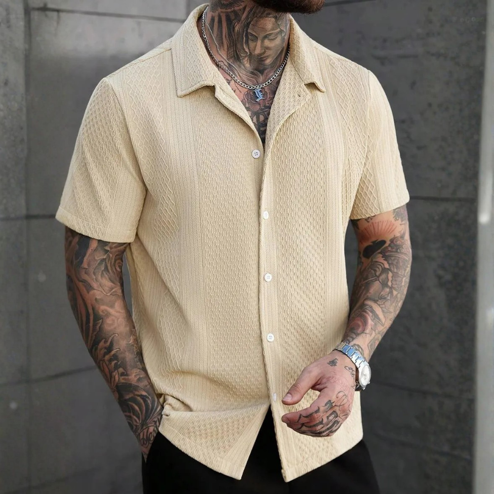 Solid Jacquard Knit Short Sleeve Shirt For Men