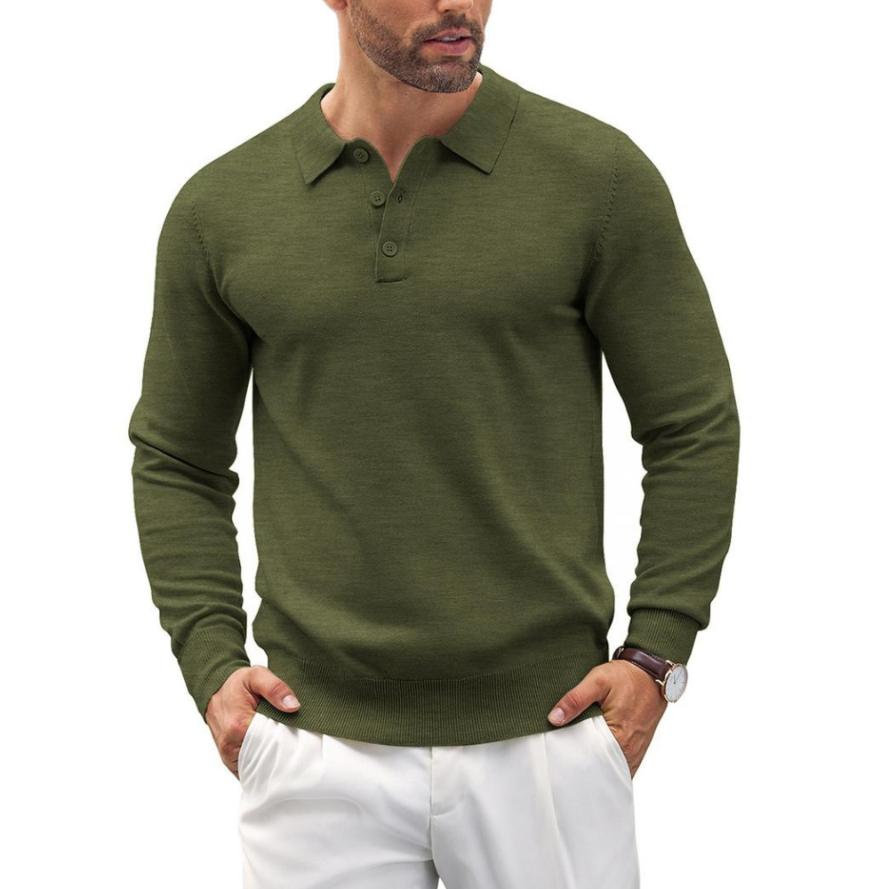Long Sleeve Front Buttoned Knit Polo Shirt For Men