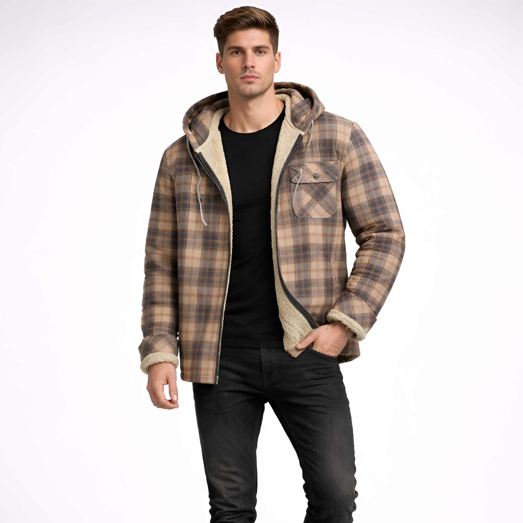 Plaid Fleece Lined Full Zip Flannel Jacket With Hood For Men