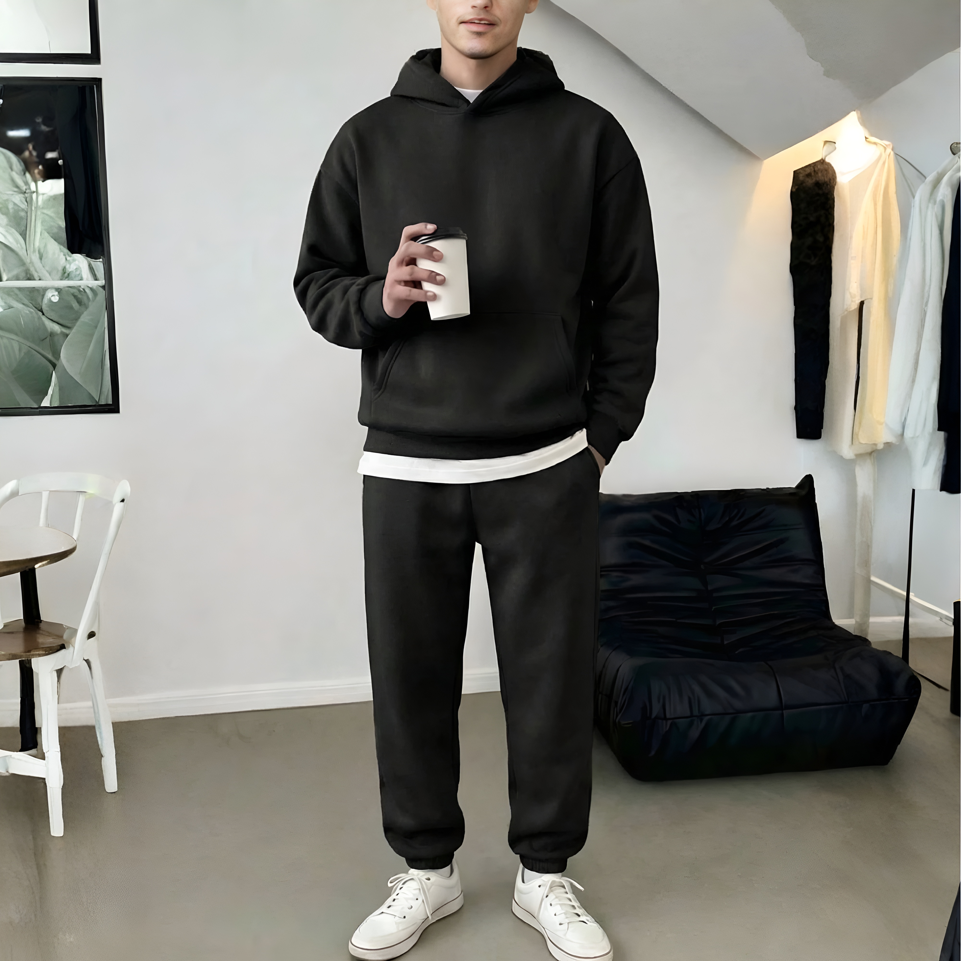 Unisex Kangaroo Pocket Hoodie And Sweatpants Set For Couples