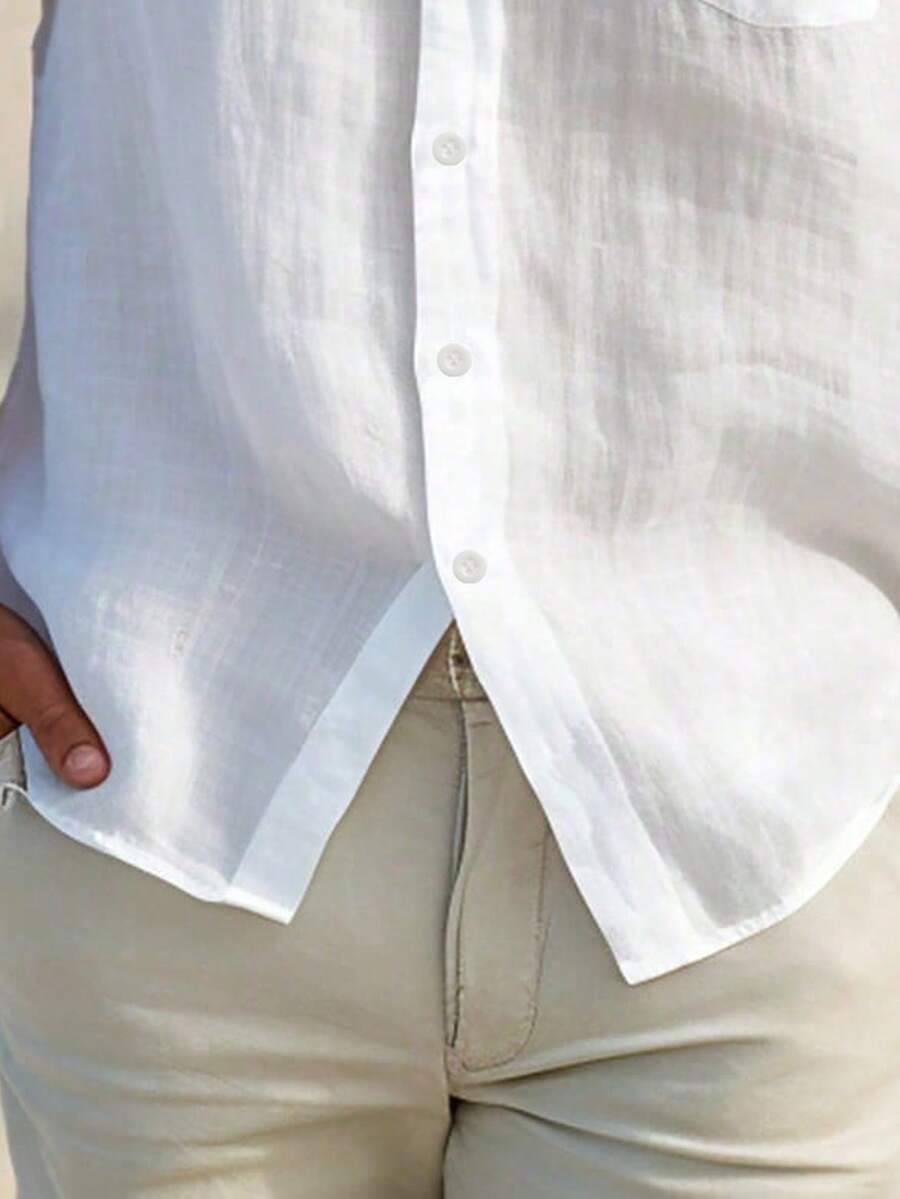 Men's Solid Color Casual Shirt, Short Sleeve Shacket, White Fashion Shirt, Hawaiian Resort Beach Shirt - White - View 4