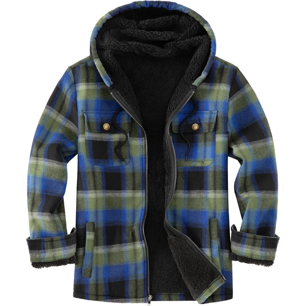 Men's Flannel Plaid Hooded Jackets Sherpa Fleece Lined Hoodies Fashion Warm Coat