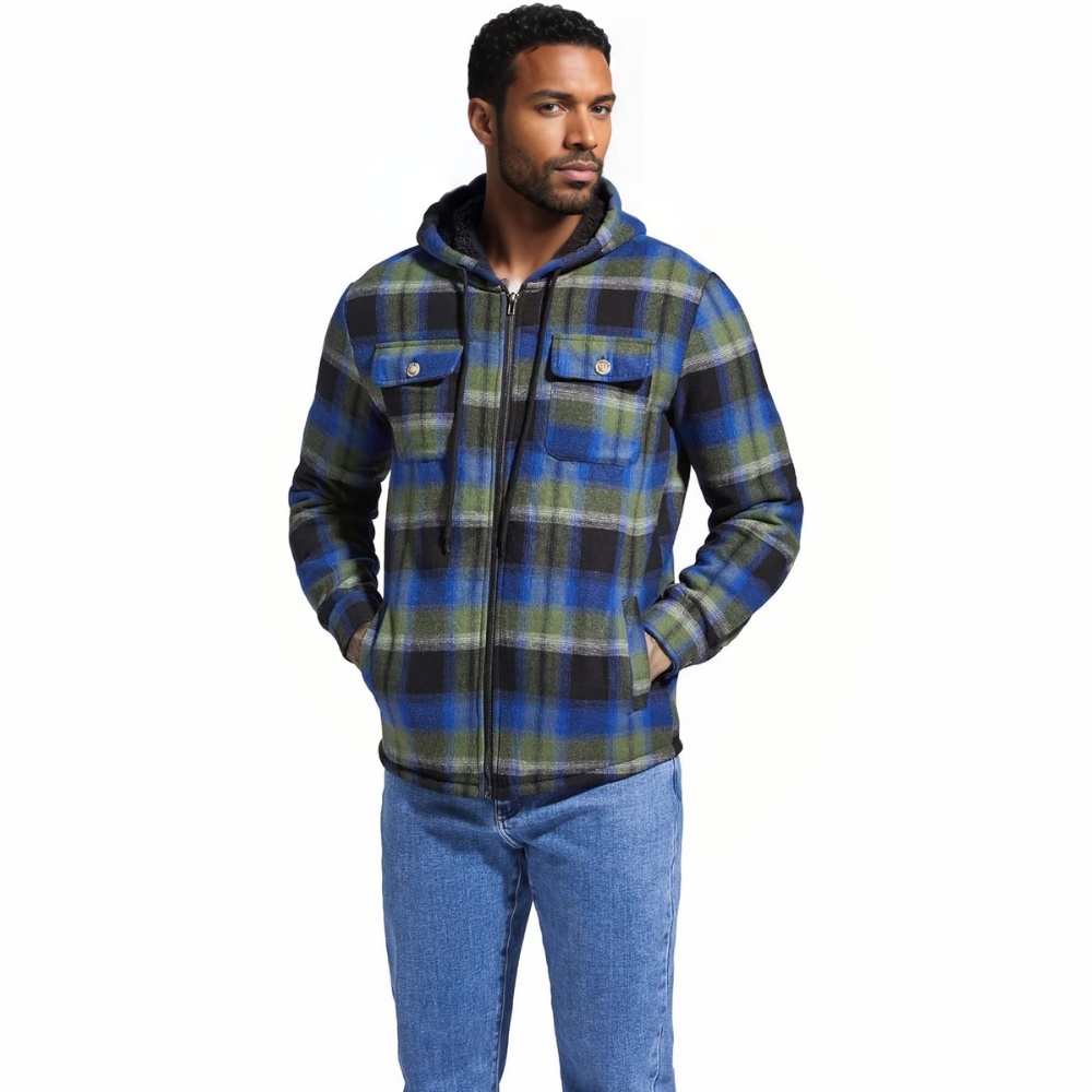 Men's Flannel Plaid Hooded Jackets Sherpa Fleece Lined Hoodies Fashion Warm Coat