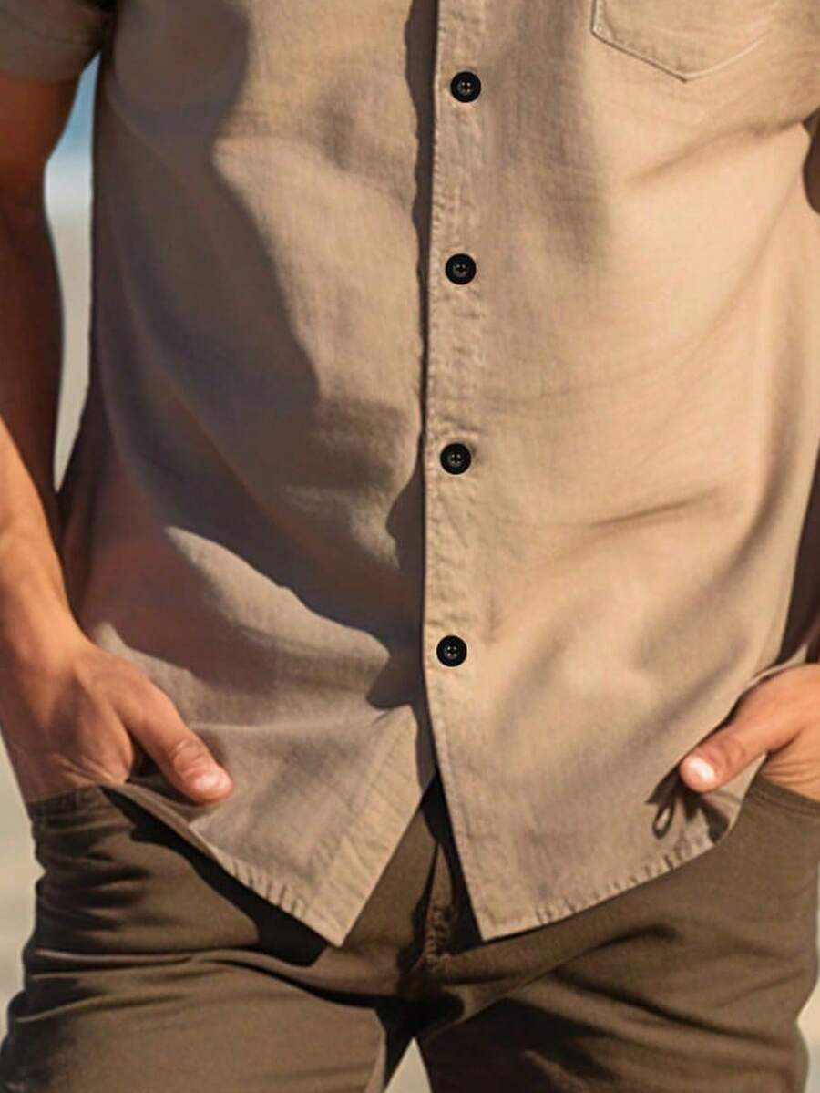 Men's Solid Color Casual Shirt, Short Sleeve Shirt, Khaki Fashion Shirt, Hawaiian Resort Beach Shirt - Khaki - View 4