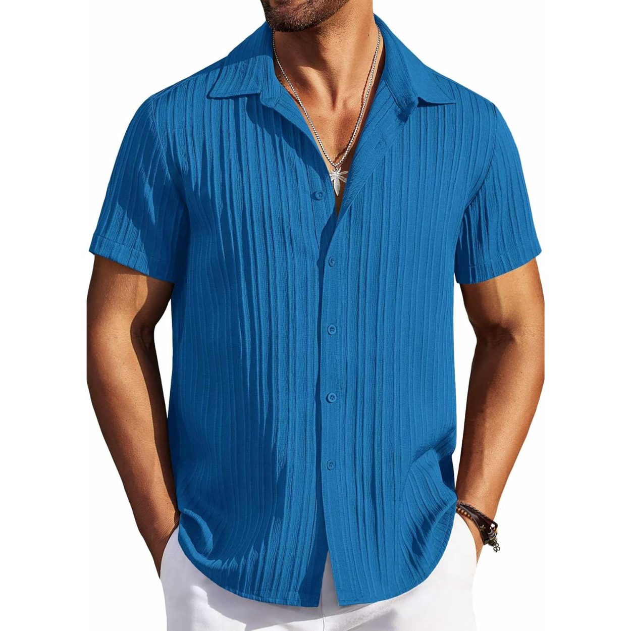 Casual Short Sleeve Textured Button Down Summer Beach Shirt For Men 
