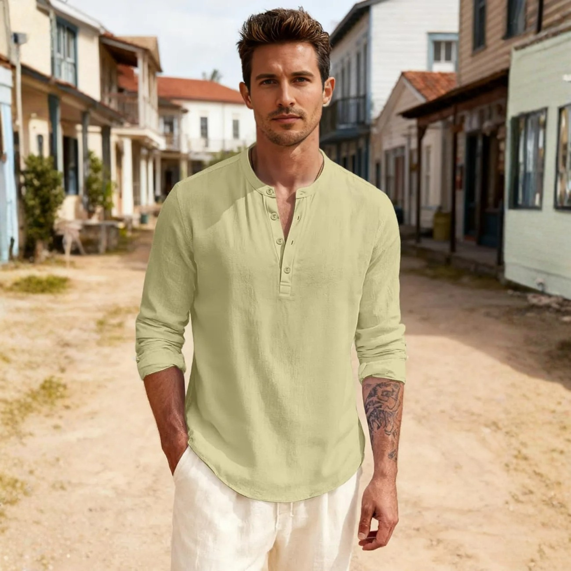 Linen Henley Long Sleeve Casual Beach Shirts