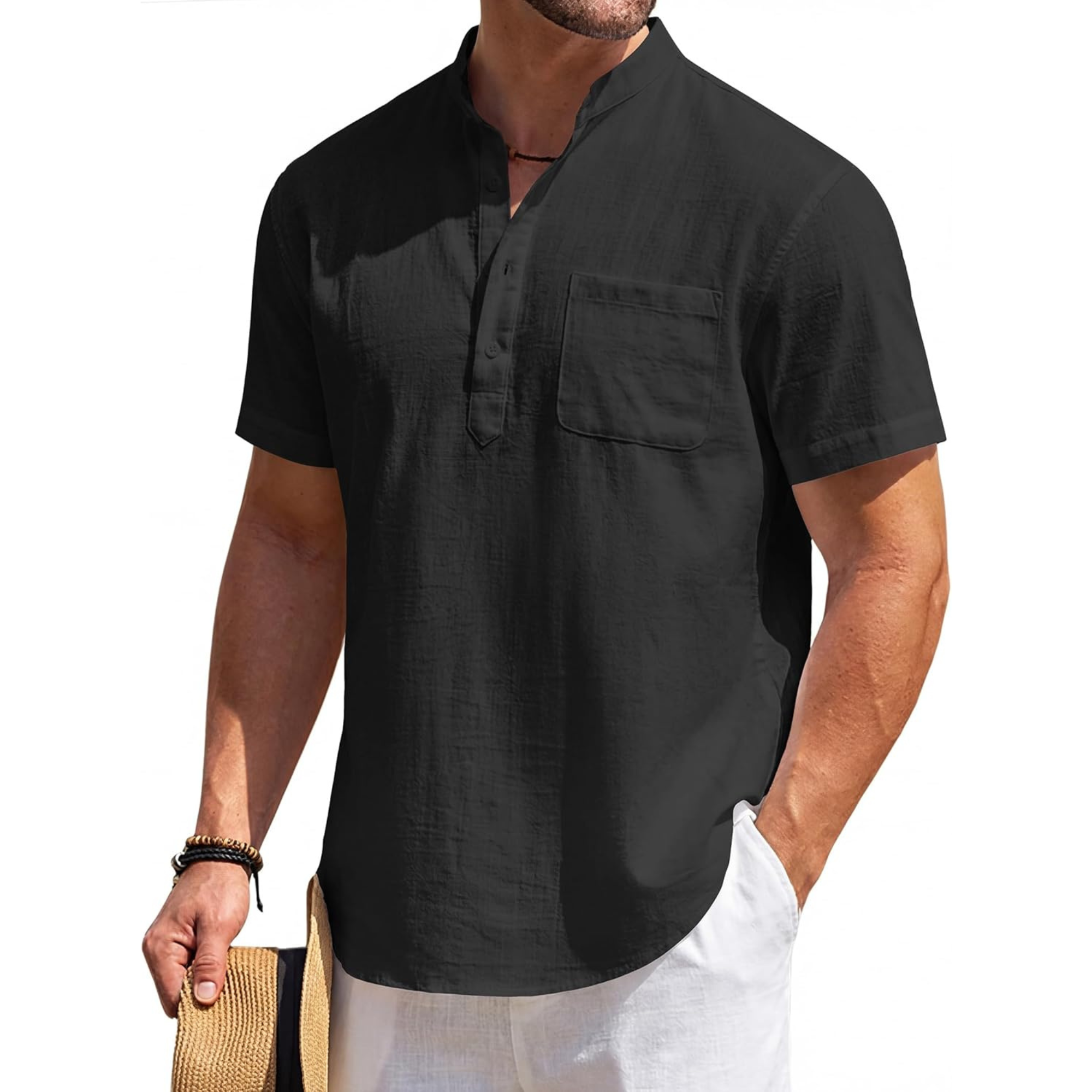 Casual Linen Henley Beach Shirt With Pocket