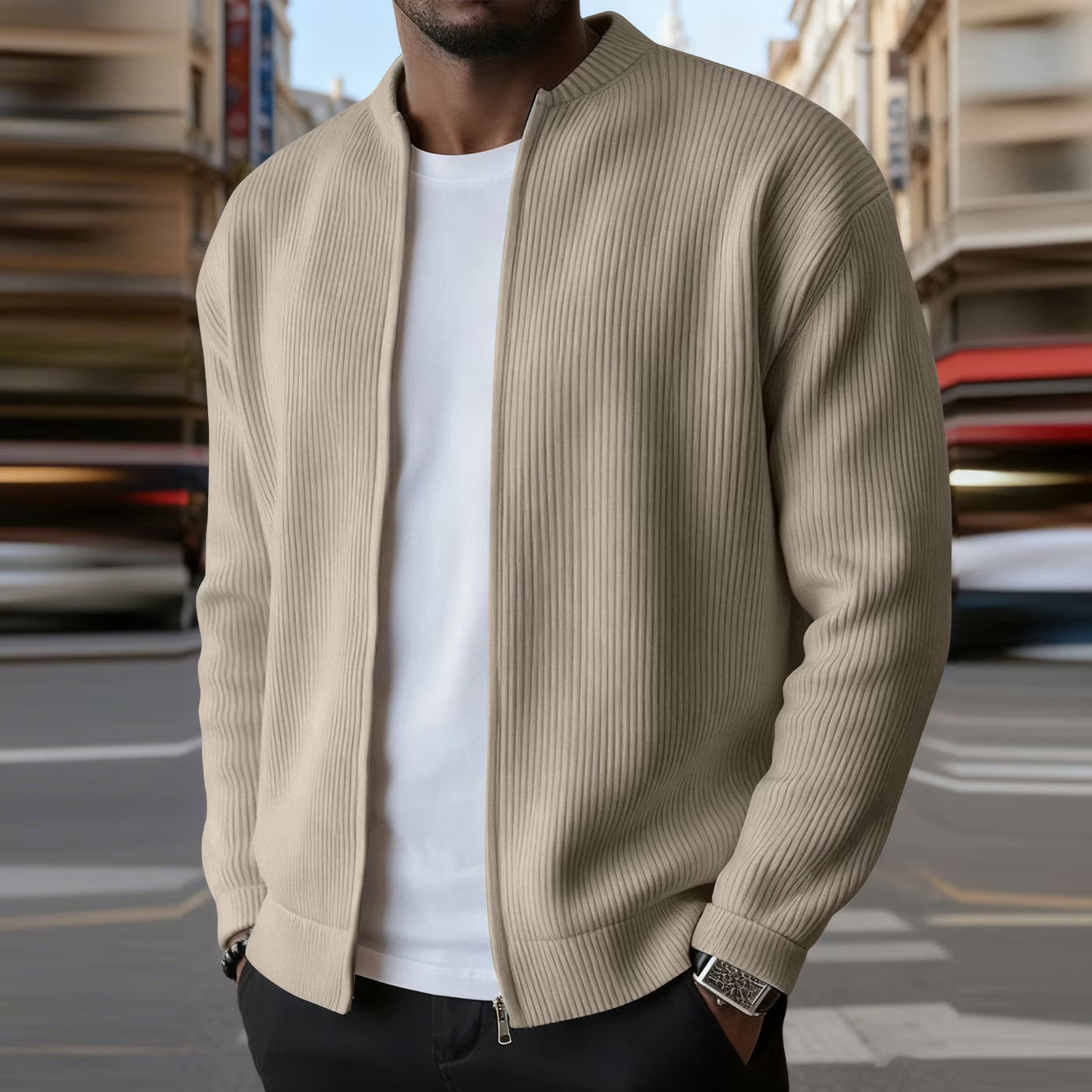 Casual Ribbed Zip Cotton Bomber Jacket for Men