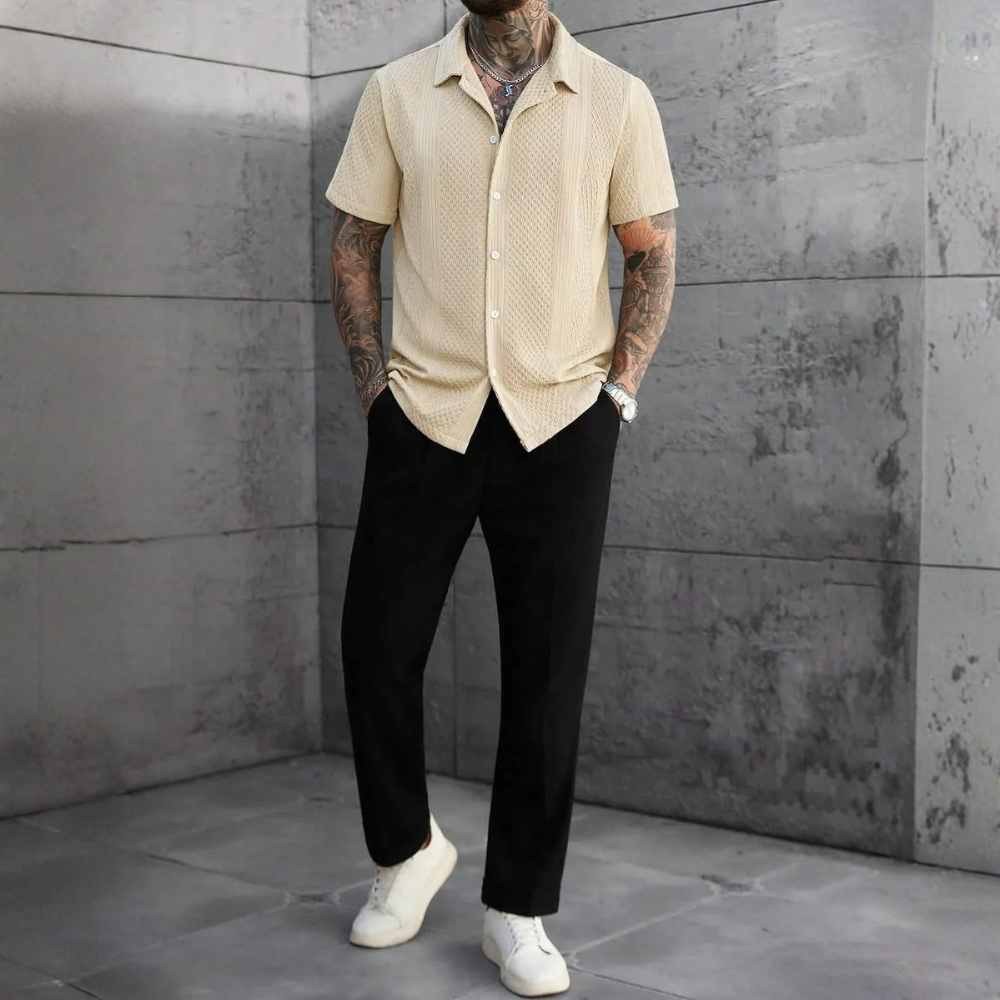 Solid Jacquard Knit Short Sleeve Shirt For Men