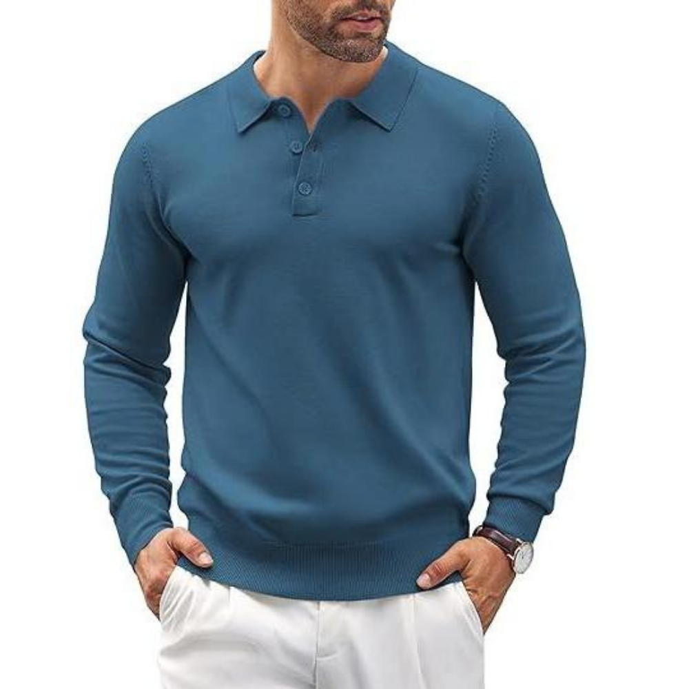 Long Sleeve Front Buttoned Knit Polo Shirt For Men