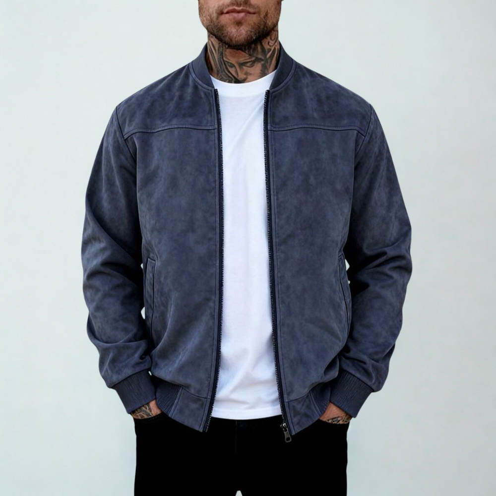 Suede Bomber Jacket With Full Zip Stand Collar For Men