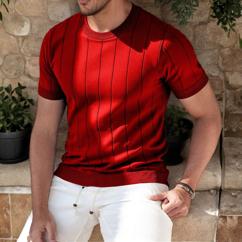 Short Sleeve Solid Knit Vertical Striped Top For Men