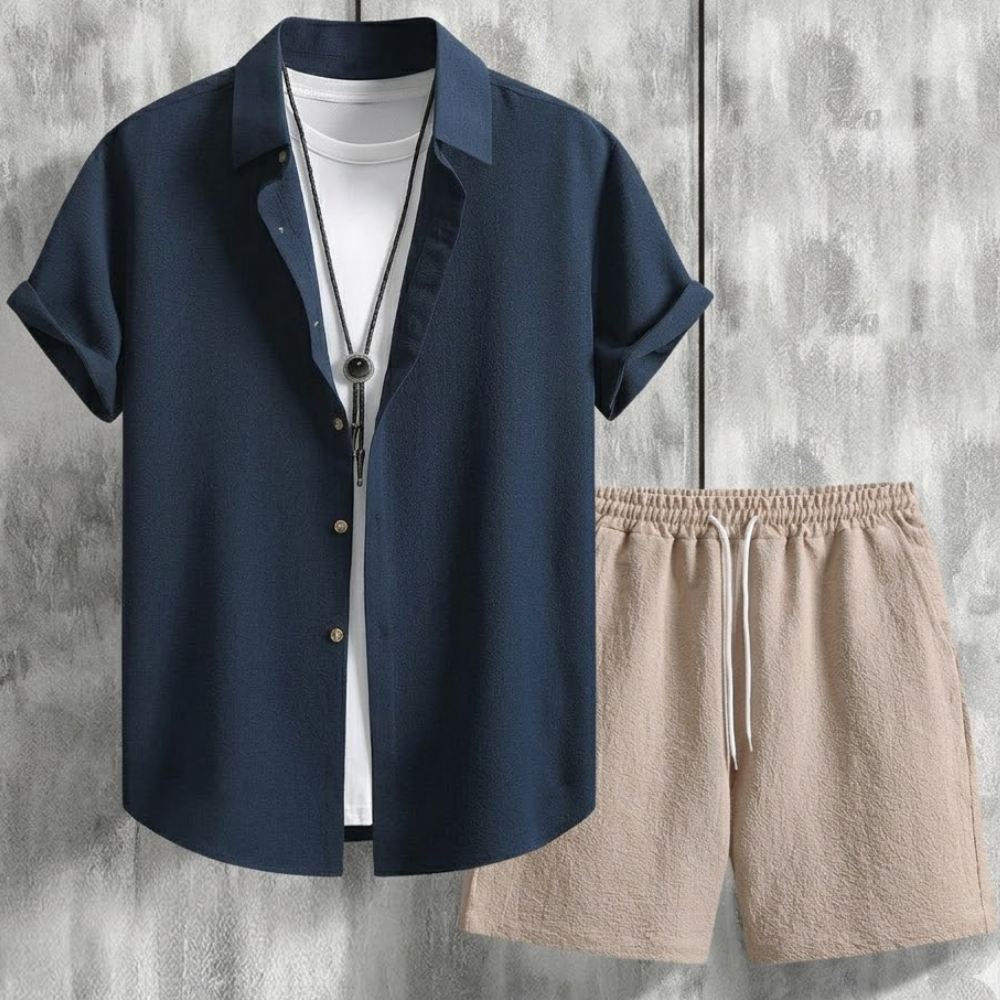 Casual Vacation Themed Short Sleeve Shirt And Shorts Set For Men