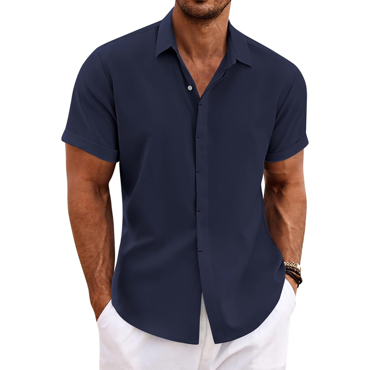 Casual Short Sleeve Linen Button Up Beach Shirt