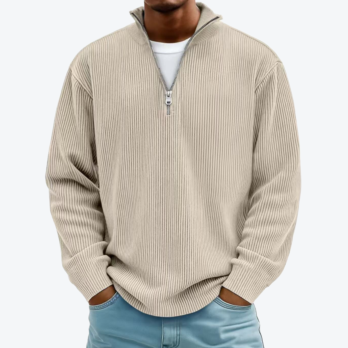 Men Corduroy Zipper Stand Collar Sweatshirt
