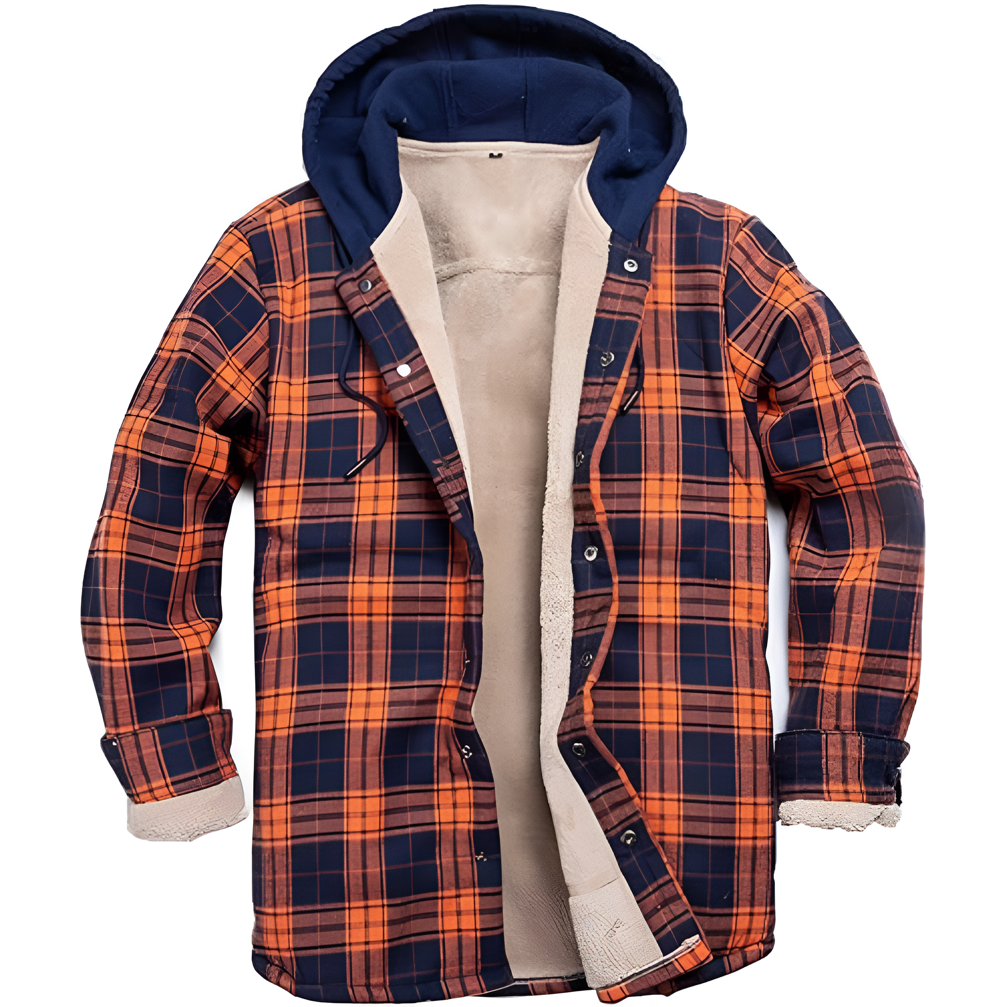 Men's Cotton Plaid Long Sleeve Shirts Jacket Fleece Lined Flannel Shirts Sherpa Button Down Coat with Hood