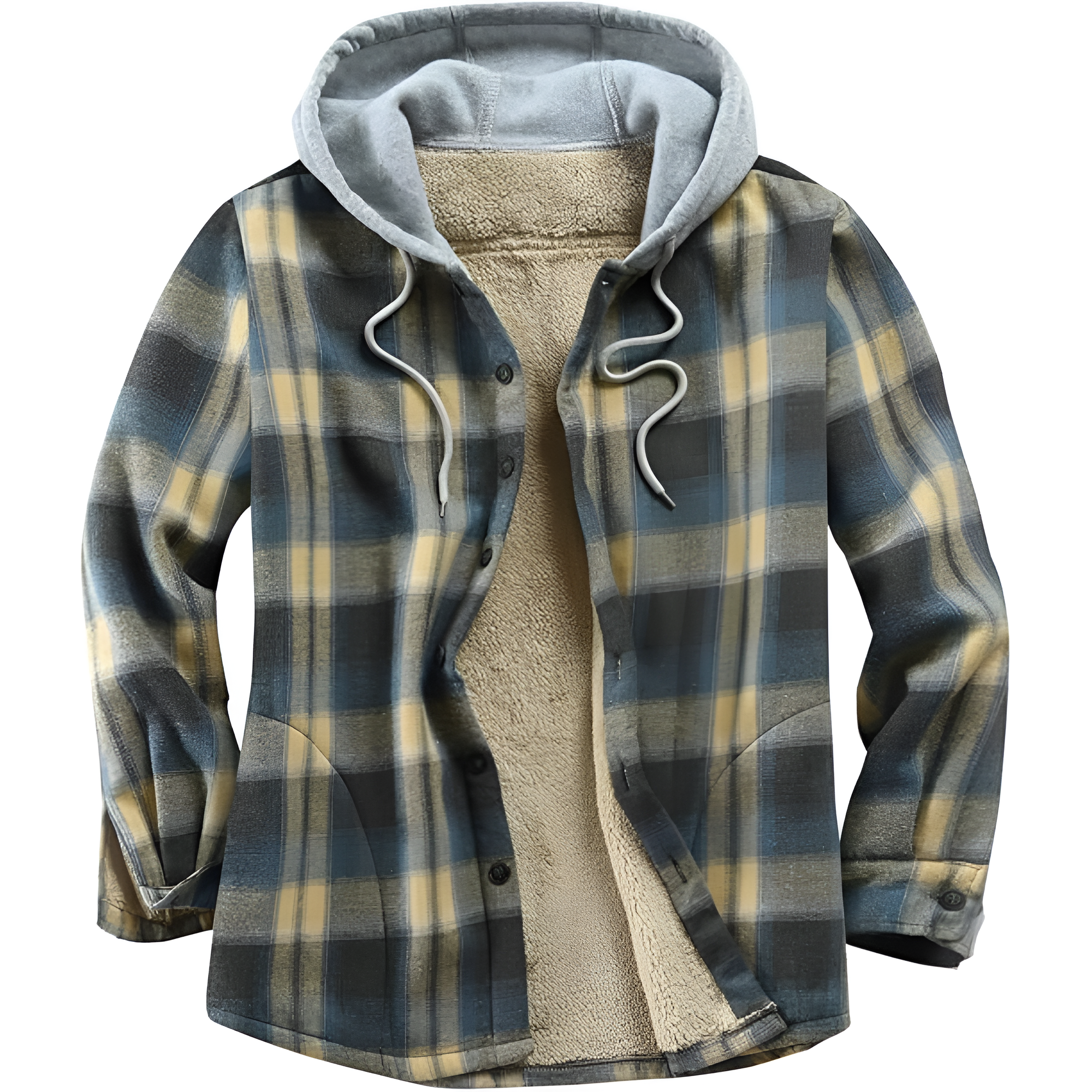 Men's Cotton Plaid Shirts Jacket Fleece Lined Flannel Shirts Sherpa Button Down Jackets with Hood for Men