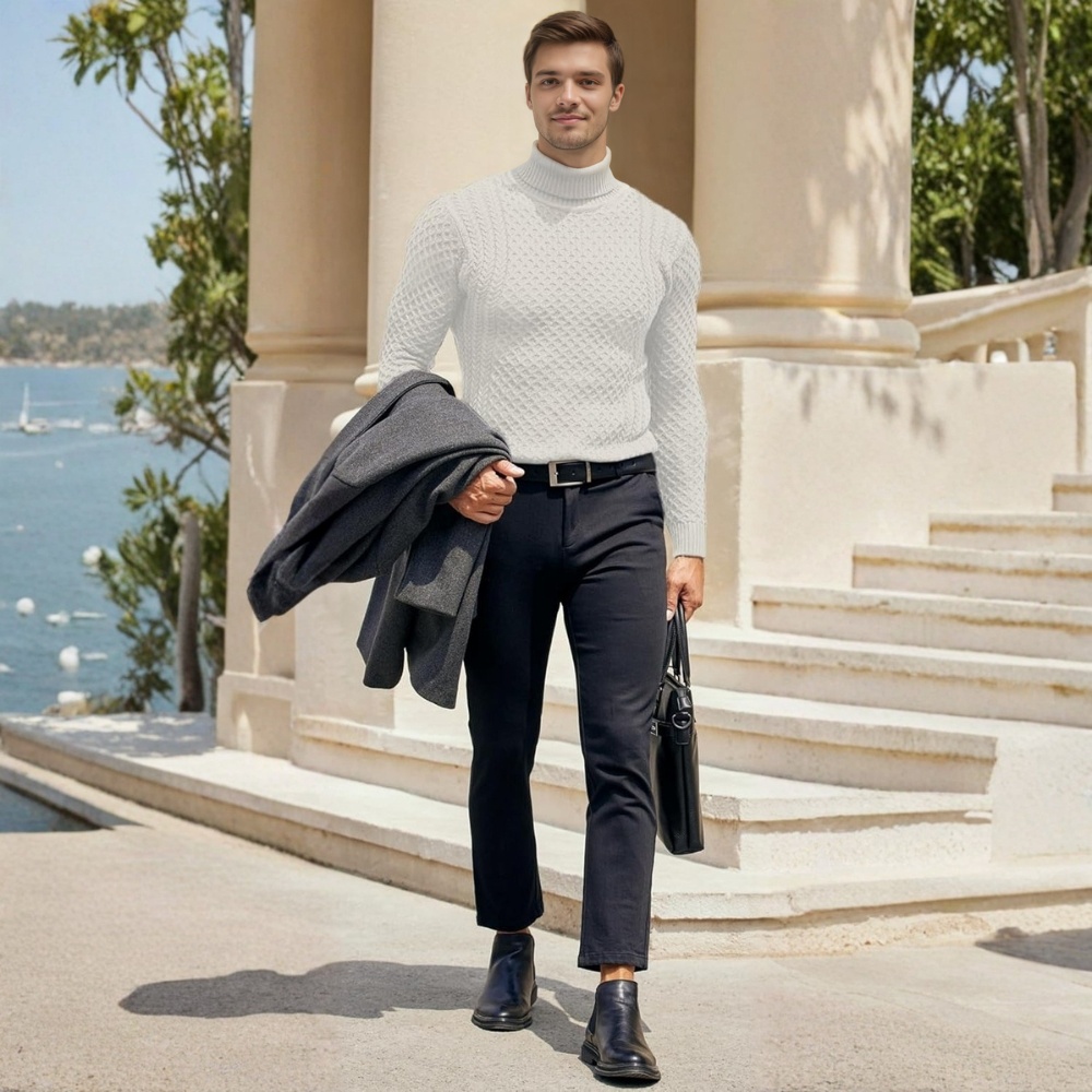 Men's Slim Fit Turtleneck Sweater Casual Knitted Twisted Pullover Solid Sweaters