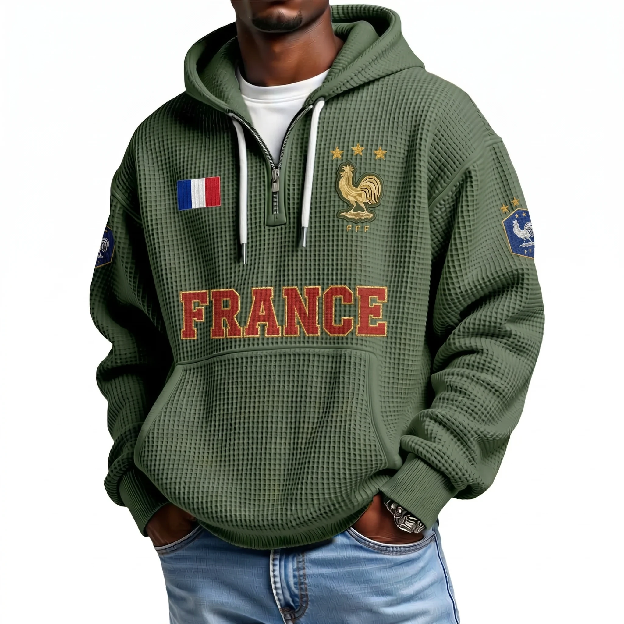 France Printed Waffle Quarter Zip Football Fan Hoodie