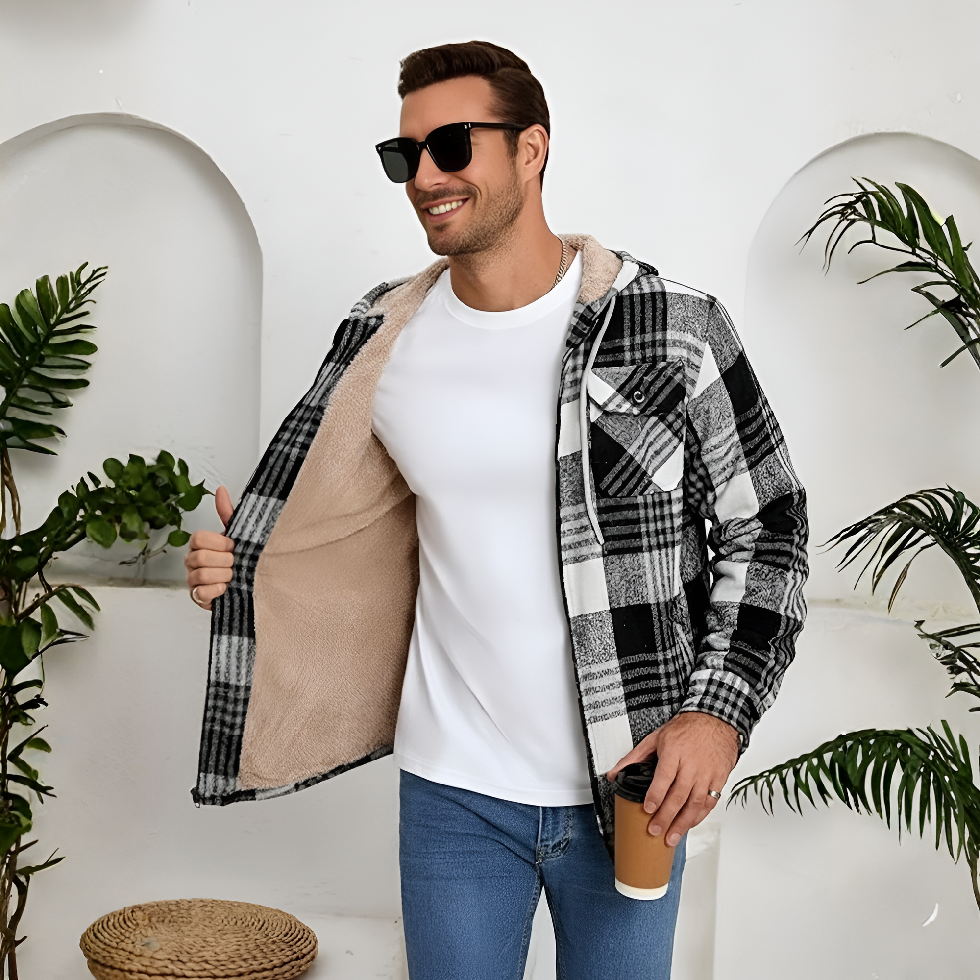 Men's Zip Up Flannel Shirt Jacket Fleece Lined Long Sleeve Plaid Coat Heavyweight Hoodie with Hood